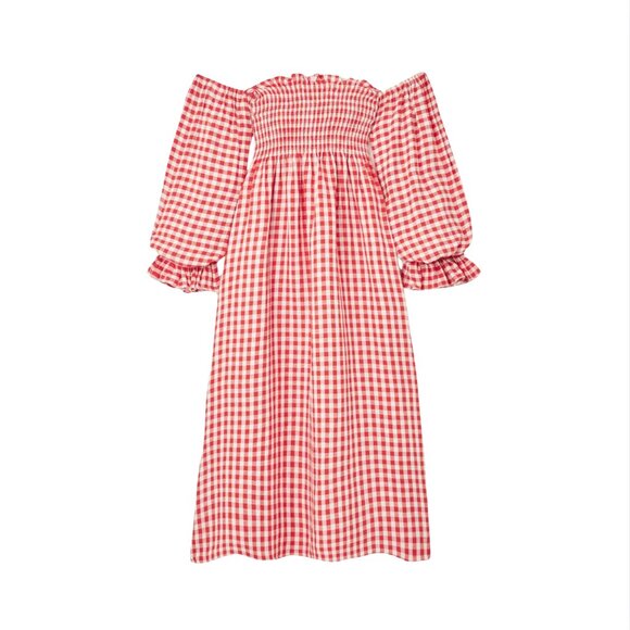 770. SLEEPER Atlanta Gingham Red Smocked Midi Dress $320 NWT Small - Picture 1 of 4